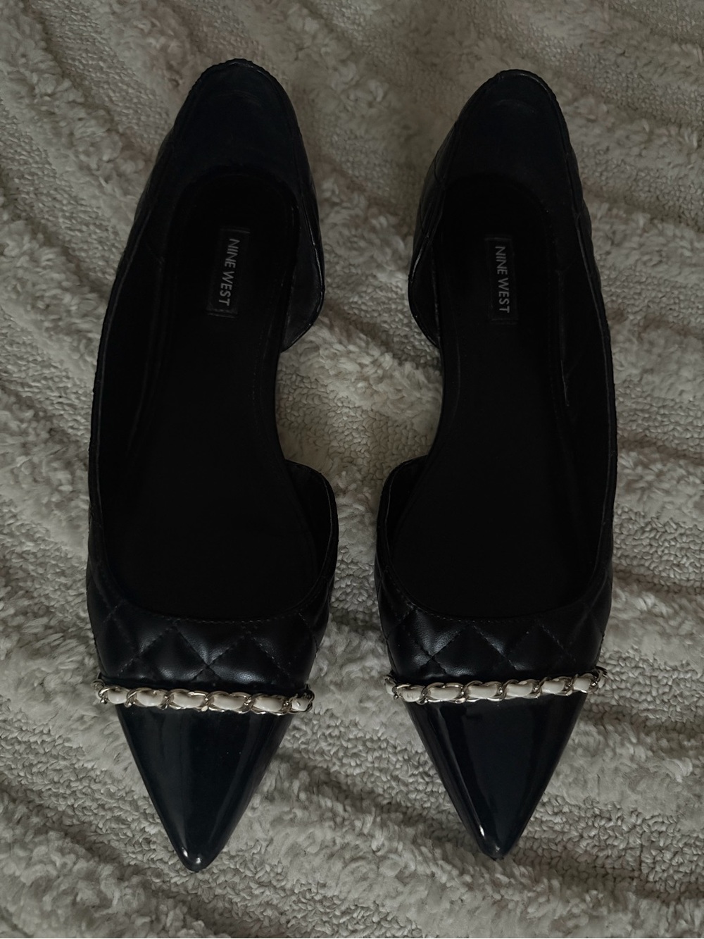 Nine West Black Pointed Toe Flats with Chain Trim